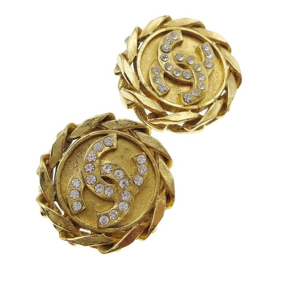 Chanel CC Logos Button Motif Rhinestone Earrings Clip-On 23 Gold - Picture 3 of 4